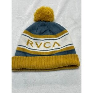 RVCA Pom Pom Beanie Hat Blue Yellow White Striped Knit Cuffed Logo Skate Surf